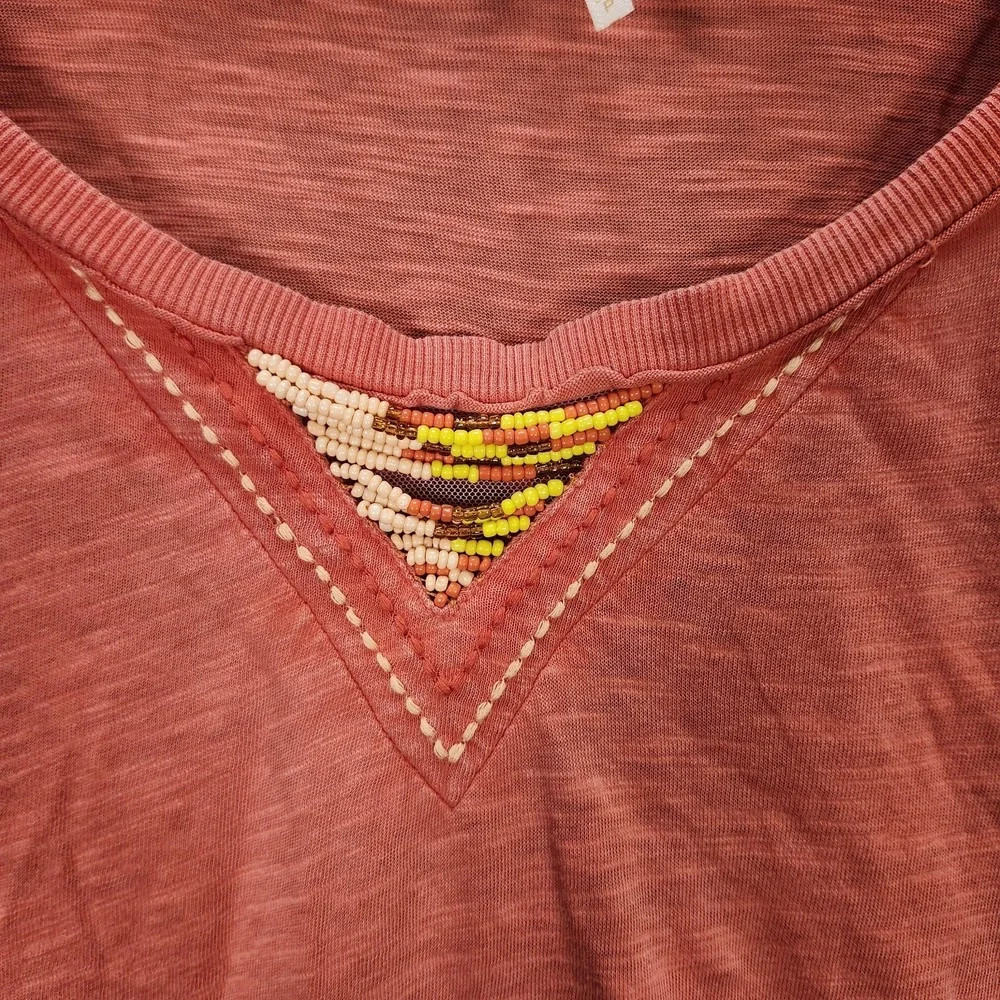 Free People Top Womens Small Orange Beaded Burnout Semi Sheer Boho Boxy Shirt